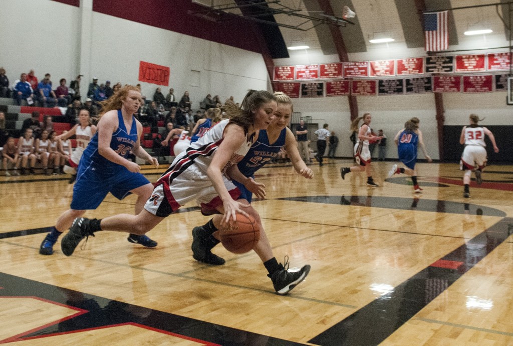 (Brendan Carl | The Daily World) Raymond&rsquo;s Mikayla Collins works the ball upcourt after a rebound against Valley on Thursday.
