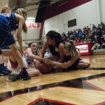 (Brendan Carl | The Daily World) Raymond&rsquo;s Mikayla Collins, left, and Destiny Souvannavanh fight for a loose ball with Valley&rsquo;s Traci Hoffman on Thursday.