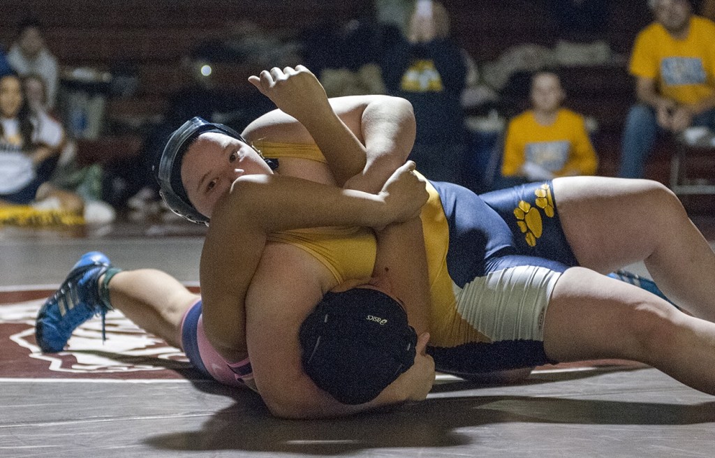 Aberdeen&rsquo;s Emily Wharton pins Decatur&rsquo;s Gabrielle Boyd on Wednesday. (Brendan Carl | The Daily World)