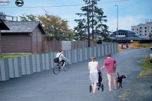TimberWorks&rsquo; flood risk reduction plan has been finalized and is up for Hoquiam and Aberdeen city council review next week. The massive plan includes improvements that not only would greatly relieve ongoing flood problems in both cities, it would also provide improved public access and salmon and wildlife habitat. This rendering shows a typical flood wall inland of the Hoquiam River at 14th Street near the Riverside Avenue Bridge.