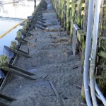 Clockwise from top left: The old observation platform between Floats 5 and 7 has been removed. The existing wooden piling/plank lower wall will be replaced with polyvinyl sheet piling then backfilled with rock. The existing wood railing will be replaced with chain link fencing like that at the left. BARB AUE | SOUTH BEACH BULLETIN