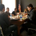 Congressman Derek Kilmer (center at back) sits down for lunch and an update on the TimberWorks Master Flood Relief Plan update Wednesday at Hoquiam City Hall. To the Congressman&rsquo;s immediate left is Hoquiam Mayor Jasmine Dickhoff, to his right Hoquiam City Administrator Brian Shay. Seated with his back to the camera is Aberdeen City Engineer Kris Koski, to his left is Aberdeen Public Works Director Rick Sangder. At right is Nicholas Carr from Congressman Kilmer&rsquo;s staff. Not seen are Hoquiam City Council President Ben Winkelman and Hoquiam Finance Director Corri Schmid.
