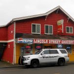 A man armed with a gun robbed the Lincoln Street Grocery Monday morning. The gunman fled north, prompting a lockdown of nearby Lincoln Elementary School. Hoquiam Police responded in force and, with the aid of a department K9, flooded the area in search of the suspect, described as a white male, six feet tall with light colored eyes. He was wearing a full plastic facemask and made off with about $160.                                (DAN HAMMOCK THE DAILY WORLD)
