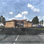 This view of design Option 1 is set back because design architect Matthew Coates wanted to show how it would look from a vehicle moving toward it over the Wishkah River Bridge.