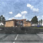 One of the architectural scenes of design Option 1, created using survey information collected from residents. The view is set back to show the view from vehicles crossing the Wishkah River Bridge.