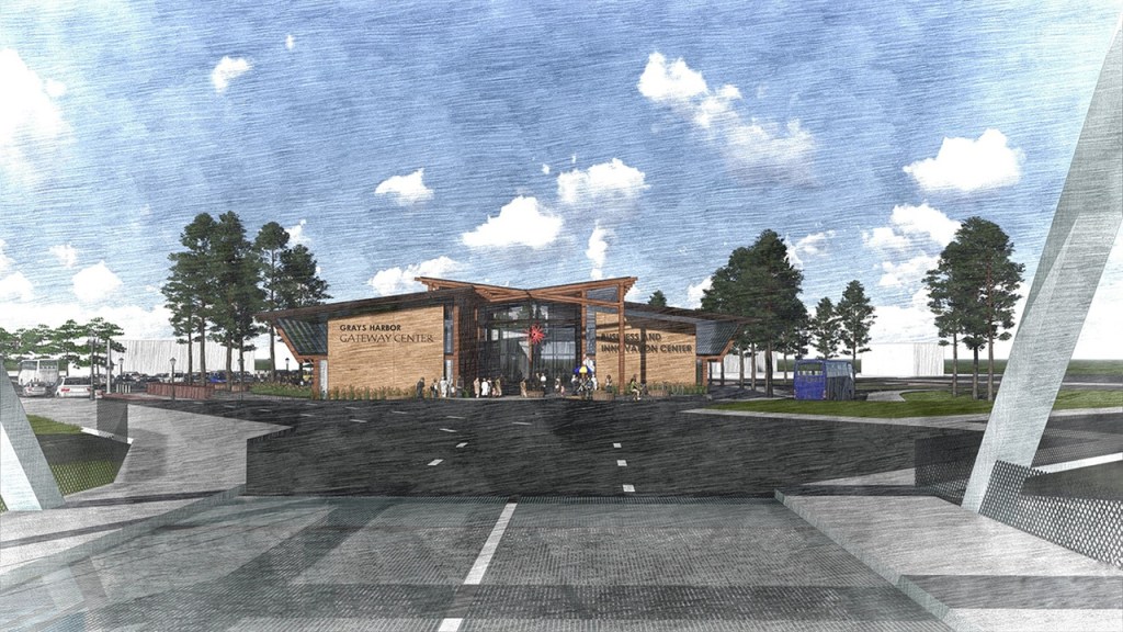 One of the architectural scenes of design Option 1, created using survey information collected from residents. The view is set back to show the view from vehicles crossing the Wishkah River Bridge.