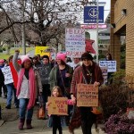 About 70 demonstrators against State Legislative House Bills 1002 and 1003 marched in downtown Aberdeen on Saturday. One of the bills focuses on restricting state employee insurance coverage on abortions and the other requires parental consent for minors seeking these procedures. (Terri Harber|The Daily World)