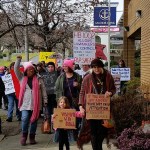 About 70 demonstrators against State Legislative House Bills 1002 and 1003 marched in downtown Aberdeen on Saturday. One of the bills focuses on restricting state employee insurance coverage on abortions and the other requires parental consent for minors seeking these procedures. (Terri Harber|The Daily World)