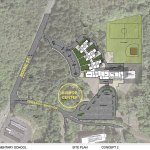 One of two preliminary concepts for a relocated Stevens Elementary School campus adjacent to the Bishop Center for the Arts at Grays Harbor College. Aberdeen School District, the college, YMCA of Grays Harbor and, to a lesser extent, the city of Aberdeen, are discussing partnering for an enhanced project that also provides activity locations for college students and Y members. Location of the Bishop Center is circled.