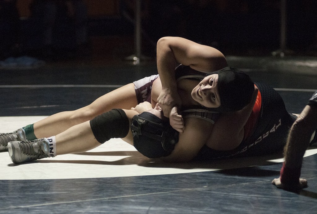 (Brendan Carl | The Daily World) Hoquiam&rsquo;s Jenna Doll gives a big smile as she pins Washougal&rsquo;s Brooklyn Wurm-Wurtz.