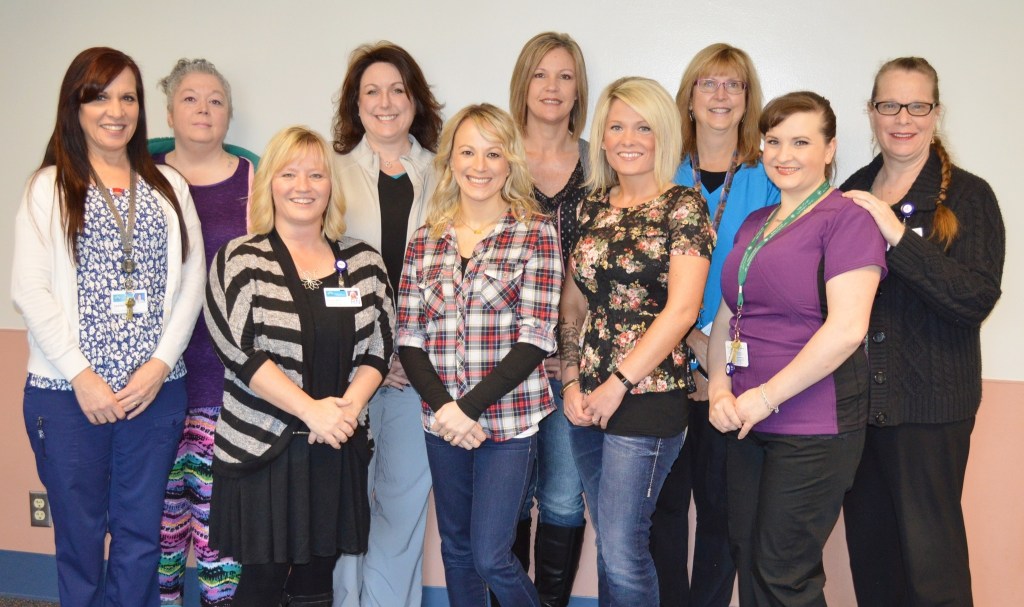 Harbor Crest nursing staff in front row from left are Sandee Chism, Tracie Moen, Tanya Gozart, Danielle Kohn, Angela Brown and Lorelei Beerbower. Back row from left are Shelly Metcalf, Karla Eilers, Gina Jones and Terry St. Onge. (GRAYS HARBOR COMMUNITY HOSPITAL PHOTO)
