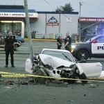 An Aberdeen man was killed after his 2001 Hyundai Tiburon left the roadway at Boone and Scott Street in South Aberdeen and struck a power pole in front of Swanson&rsquo;s Market shortly before 5 p.m. Tuesday. (BOB KIRKPATRICK|THE DAILY WORLD)