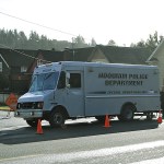 The Hoquiam Police Department Special Operations van blocks the entrance to Wheeler Avenue. (BOB KIRKPATRICK|THE DAILY WORLD)