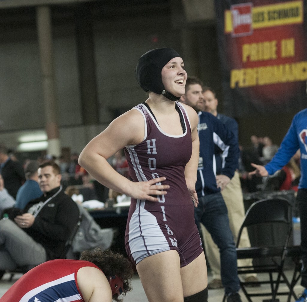 (Brendan Carl | The Daily World) Hoquiam&rsquo;s Jenna Doll gives a big smile after placing third on Saturday.