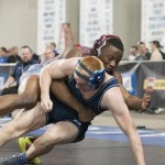 (Brendan Carl | The Daily World) Hoquiam&rsquo;s Artimus Johnson takes down Sultan&rsquo;s Tanner Belcher during a semifinal match on Saturday.