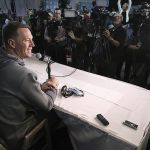 (Curtis Compton/Atlanta Journal-Constitution) Atlanta Falcons quarterback Matt Ryan takes questions during his Super Bowl press conference on Tuesday at Memorial City Mall ice arena in Houston, Texas.