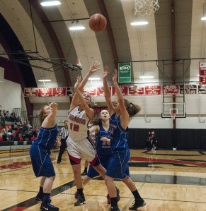 (Brendan Carl | The Daily World) Raymond&rsquo;s Mikayla Collins puts up a shot in between two Willapa Valley defenders during a Pacific 2B League game in December. The Gulls will take on Ilwaco in a regional seeding game Saturday at Chehalis.