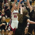 (Brendan Carl | The Daily World) Raymond&rsquo;s Aubree Gardner shoots a 3-pointer against Ilwaco during a regional 2B girls contest at Chehalis on Saturday.