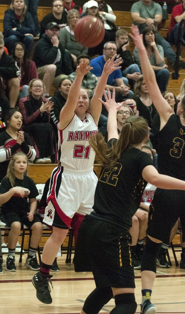 (Brendan Carl | The Daily World) Raymond&rsquo;s Aubree Gardner shoots a 3-pointer against Ilwaco during a regional 2B girls contest at Chehalis on Saturday.