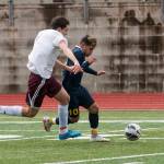 (Brendan Carl | The Daily World) Aberdeen&rsquo;s Miguel Torres tries to race past Montesano&rsquo;s Riccardo Marangon during a non-league soccer match at Jack Rottle Field on Saturday. Torres finished with a hat trick against the Bulldogs in a 4-0 Aberdeen victory.