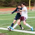 (Brendan Carl | The Daily World) Aberdeen&rsquo;s Dylan Hughes and Montesano&rsquo;s Riccardo Marangon battle for the ball during a non-league soccer match at Jack Rottle Field on Saturday.