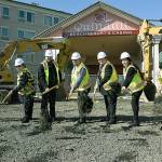 The Grays Harbor Leadership Class from Quinault Indian Nation put shovels to dirt in a ceremonial groundbreaking on Tuesday, Feb. 28. Pictured from left are Dorene Estavillor, Frances Napoleon, Ray Estavillo, Aaron Mail, Pierre Augare, Michelle Connally and Lavonne Morgan. (LARRY WORKMAN PHOTO)