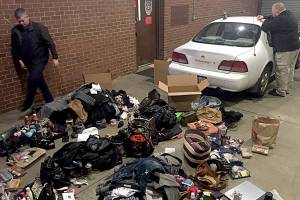 Hoquiam Police stopped a vehicle for running a stop sign early Tuesday morning and discovered a stolen car loaded with belongings taken from a Spanaway home. Officers also found drugs and drug paraphernalia during a search of the car. There were three occupants of the vehicle; a male driver and female passenger were arrested, a second female passenger was released. The investigation is ongoing. (HOQUIAM POLICE DEPARTMENT PHOTO)