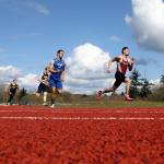 (Brendan Carl | The Daily World) Hoquiam&rsquo;s Anthony Nash leads the field in the 200 during the Ray Ryan Memorial Grays Harbor All-County Track & Field Championships on Saturday. Nash was selected as the male athlete of the meet.