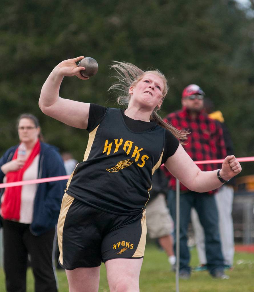 (Brendan Carl | The Daily World) North Beach&rsquo;s Natasha Fruh won the girls shot put and discus on Saturday.
