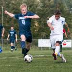 (Brendan Carl | The Daily World) Aberdeen&rsquo;s Miguel Torres puts a shot on goal against Hockinson on Saturday.