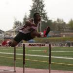 (Brendan Carl | The Daily World) Hoquiam&rsquo;s Artimus Johnson won the 300 hurdles in a time of 44.06 on Friday.