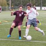 (Brendan Carl | The Daily World) Hoquiam&rsquo;s Jose Juarez and Montesano&rsquo;s Riccardo Marangon battle for the ball on Thursday.