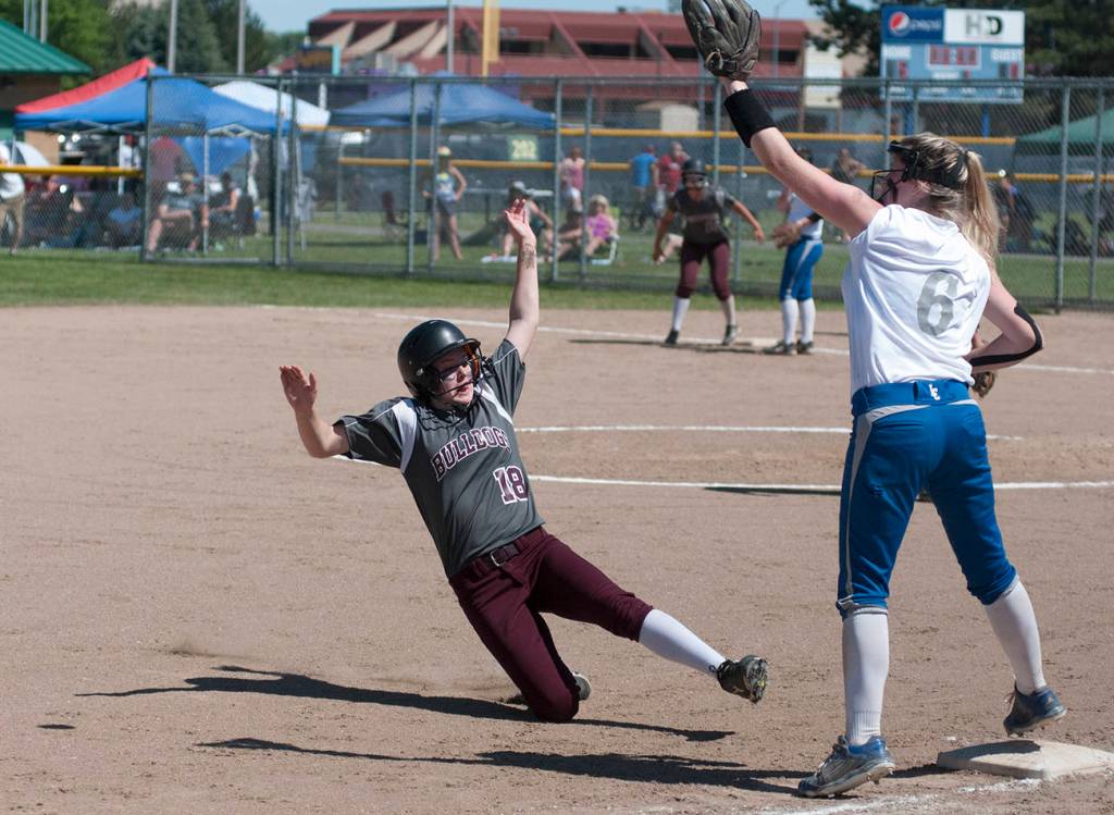 (Brendan Carl | The Daily World) Montesano&rsquo;s Lindsay Pace slides into third base during the state title game on Saturday.