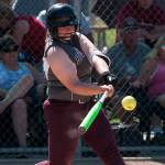 (Brendan Carl | The Daily World) Montesano&rsquo;s Allyssa Gustafson hits a triple against La Center on Saturday.