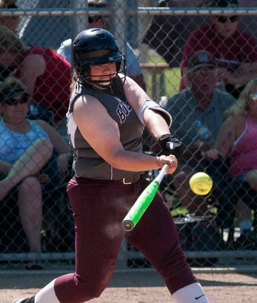 (Brendan Carl | The Daily World) Montesano&rsquo;s Allyssa Gustafson hits a triple against La Center on Saturday.
