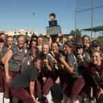 (Brendan Carl | The Daily World) Montesano lifts the state 1A softball title after defeating La Center 8-2 on Saturday.