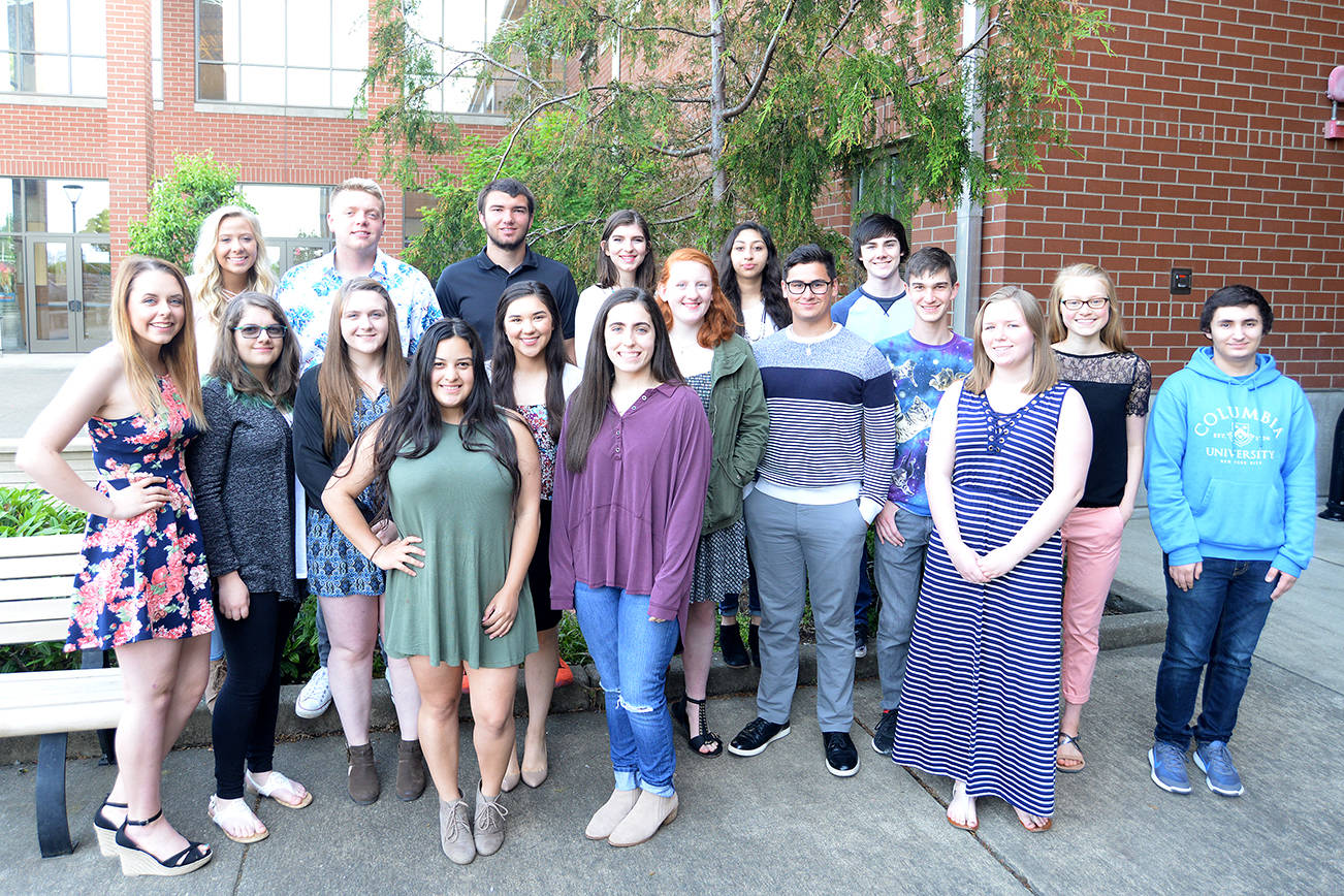 BY DAN HAMMOCK | THE DAILY WORLD                                The Aberdeen High School 2017 graduating class boasts 18 honor students. Pictured front row left to right are Pilar Garcia, Kristen Donovan and Jessica Schrotberger. Second row from left to right are Katelynn Reeson, Hannah Palmer, Lisa Voshel, valedictorian Emily May, Kathryne McGregor, salutatorian Jeran Paris, Kyle Hurd, valedictorian Amelia Davison and Ryan Allmaras. Back row from left to right are Haley Farrer, valedictorian Jake Metke, valedictorian Braden Castleberry Taylor, valedictorian Malia Marks, Sukhmeen Jandu and valedictorian Ryan Solan.