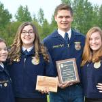Ag Comm State Champs: Elma FFA Agricultural Communications team wins the state championship and will represent Washington at the national level this coming fall in Indianapolis, Ind. at the National FFA Convention. Team members left to right: Mikhaela Nelson, Abigail Spoonhoward, Mickey Velasco, and Shayla Kelly.