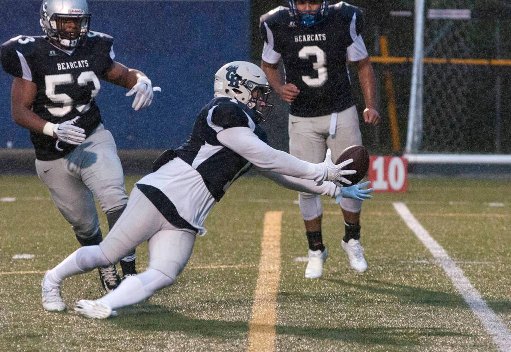 (Brendan Carl | The Daily World) Grays Harbor&rsquo;s Jerry Mansuco keeps his concentration to make an interception on Saturday.