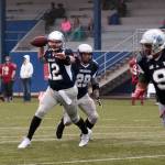 (Brendan Carl | The Daily World) Grays Harbor&rsquo;s Eric Dayton looks for a receiver as he rolls to his right on Saturday.