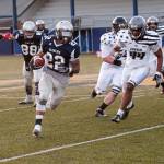 (Brendan Carl | The Daily World) Grays Harbor Bearcats&rsquo; Jordan Harrington runs the ball against the Cowlitz Cobras on Saturday.