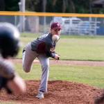 (Brendan Carl | The Daily World) Precision Pipe&rsquo;s Drew Rose pitches against Elma Pharmacy on Tuesday. Rose allowed just two hits in the game and struck out nine in seven innings of work.