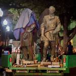 The statues depicting Robert E. Lee, Albert Sidney Johnston, John Reagan and James Stephen Hogg were removed from the Main Mall at The University of Texas at Austin on Sun. and Mon. (Aug. 20-21, 2017). The Lee, Johnston and Reagan statues will be added to the collection of the Briscoe Center for scholarly study. The statues of James Hogg, governor of Texas (1892-1895) will be considered for re-installation at another campus site. Shown is the Robert E. Lee statue after it was removed from its pedestal. (University of Texas at Austin)