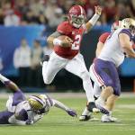 Alabama quarterback Jalen Hurts leaps a Washington defender during the Peach Bowl at the Georgia Dome in Atlanta on December 31, 2016. Alabama gets automatically penciled in as the favorite to make the College Football Playoffs as winners of four of the last eight national titles, but. No. 8 Washington could have the horsepower to make a championship run. (Curtis Compton/Atlanta Journal-Constitution)
