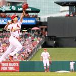 Pitcher Mike Leake catches the throw from first baseman Matt Carpenter and covers first on a ground out at Busch Stadium in St. Louis. The Mariners acquired Leake in a trade Wednesday.                                (Chris Lee/St. Louis Post-Dispatch)
