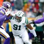 New York Jets&rsquo; Sheldon Richardson (91) gets past Minnesota Vikings&rsquo; Matt Kalil (75) to sack Vikings quarterback Teddy Bridgewater for a safety. Richardson was traded to the Seahawks on Friday. (Carlos Gonzalez/Minneapolis Star Tribune)