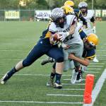 Montesano&rsquo;s Carson Klinger dives for the end zone but comes up short during The Bulldogs&rsquo; 41-20 victory over Aberdeen on Friday night at Stewart Field. (Brendan Carl | For The Daily World)