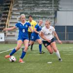 Elma&rsquo;s Brooke Sutherby, left, is defended by Aberdeen&rsquo;s Taylor Coker during Tuesday&rsquo;s match at Stewart Field that ended in a scoreless tie. (Photo by Corie Bradt)