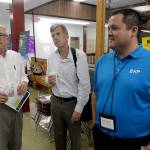DAN HAMMOCK | THE DAILY WORLD                                Sen. Dean Takko (D-Longview), Hoquiam City Administrator Brian Shay and BHP&rsquo;s Manager of Corporate Affairs Ken Smith chat before the BHP open house Thursday at Hoquiam High School. About 100 people attended and were filled in about the company&rsquo;s proposed potash storage and shipping facility at the Port of Grays Harbor.