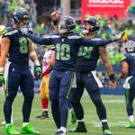 Seattle Seahawks wide receiver Paul Richardson (10) reacts after catching a game winning pass for a touchdown during fourth quarter action against the San Francisco 49ers on Sunday, Sept. 17, 2017 at CenturyLink Field in Seattle, Wash. (Mike Siegel/Seattle Times/TNS)